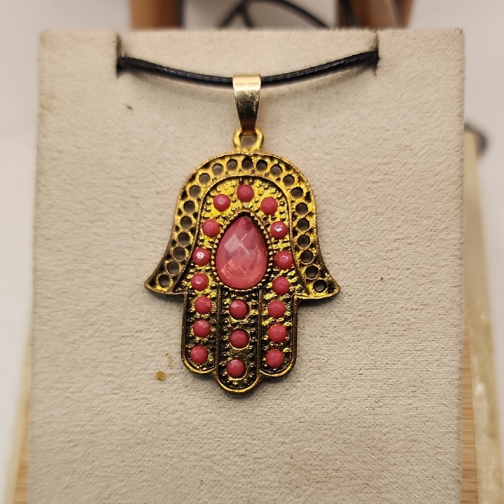 Gold and Pink Hamsa Pendant Necklace